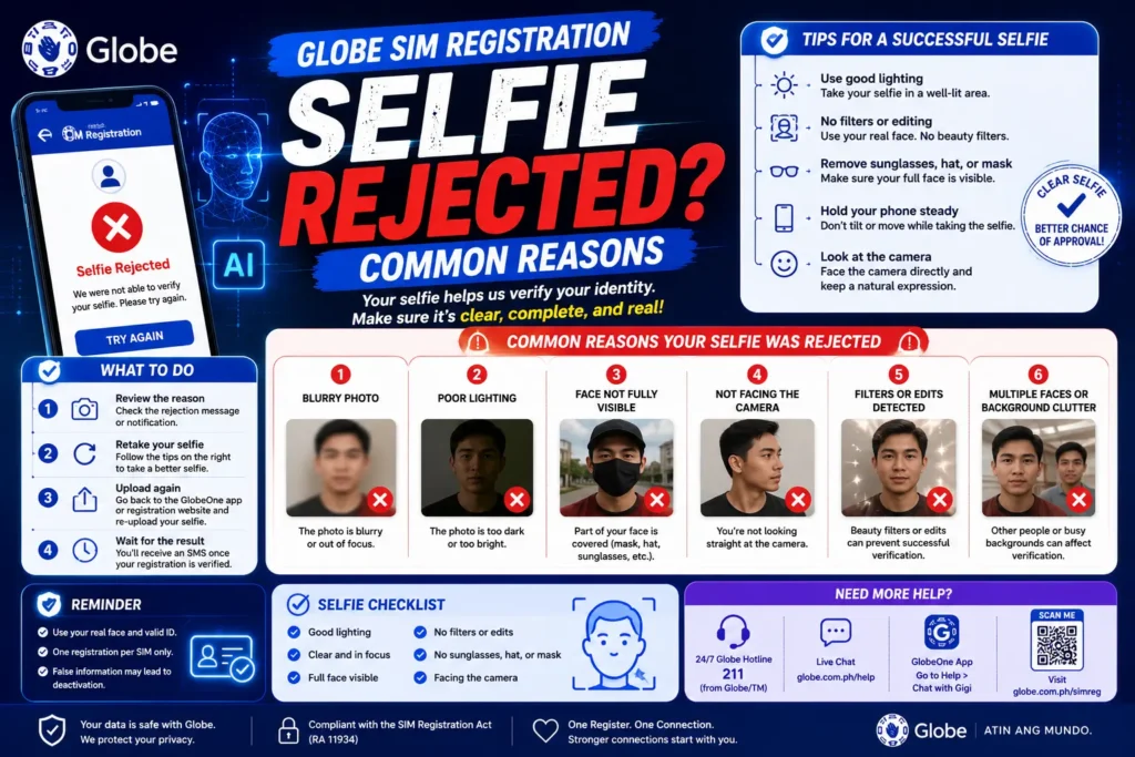 Globe SIM Registration Selfie Rejected? Common Reasons
