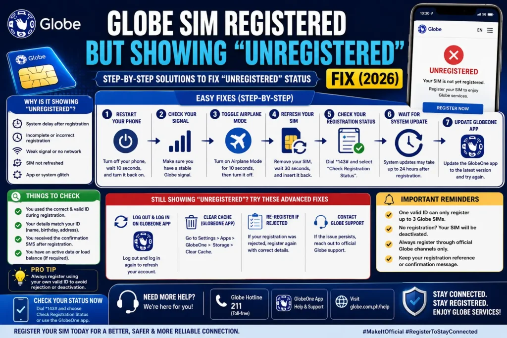 Globe SIM Registered but Showing “Unregistered” Fix (2026)